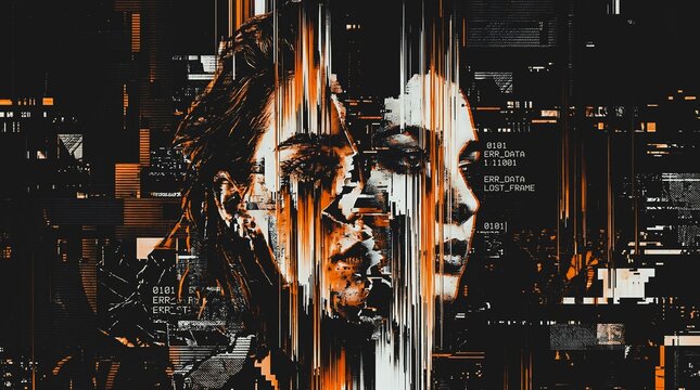 Glitch art portrait of a woman with digital distortion, data corruption, and cybernetic aesthetic on a dark background