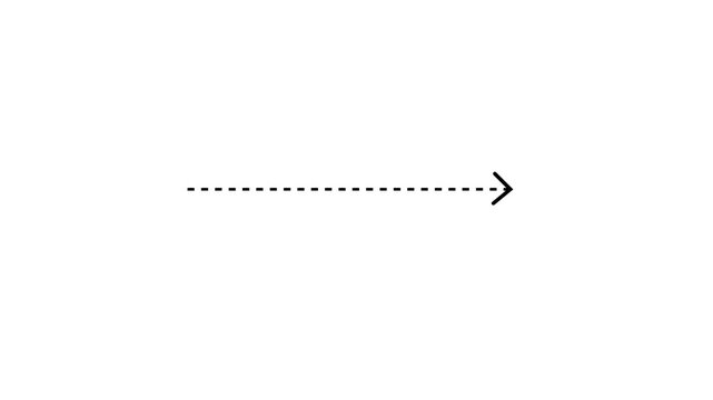 Right arrow icon with dotted line animation on white background. Dot arrow sign with smooth motion. Black straight arrow reveal animation in solid and dashed style.