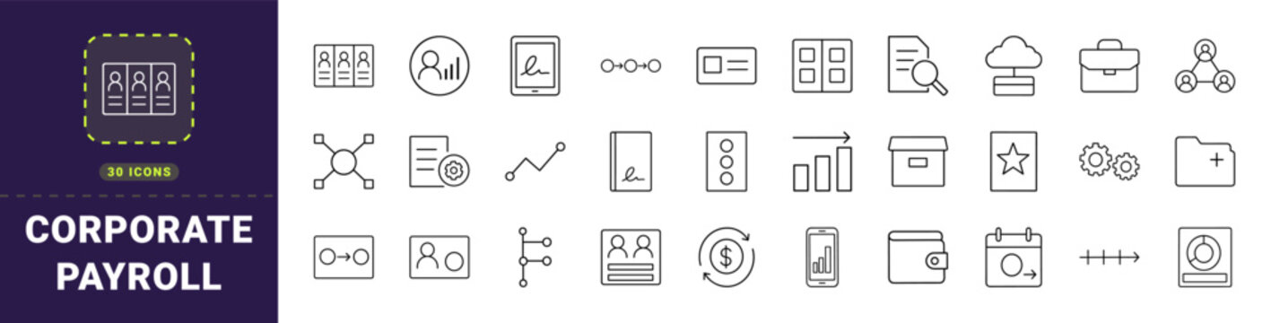 Corporate human resources line icon set. Vector pictograms of compensation management, payroll adjustment, financial reporting, and workforce planning elements, thin linear illustration.