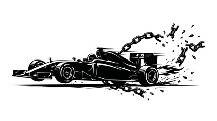 Fototapeta premium silhouette of a formula race car breaking free from heavy iron chains at high speed