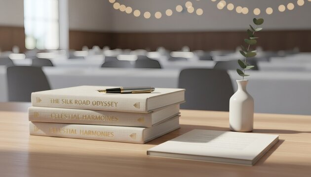 Stack of books on an author signing table at a book festival for book day concept, featuring a classic fountain pen, eucalyptus vase, and elegant event hall background with bokeh