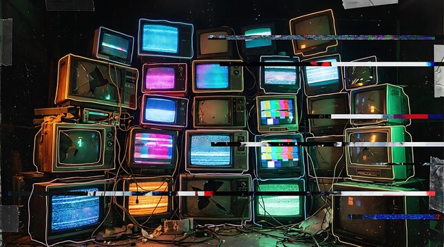 Stack of vintage retro television sets with static interference and glitch effects in a dark room