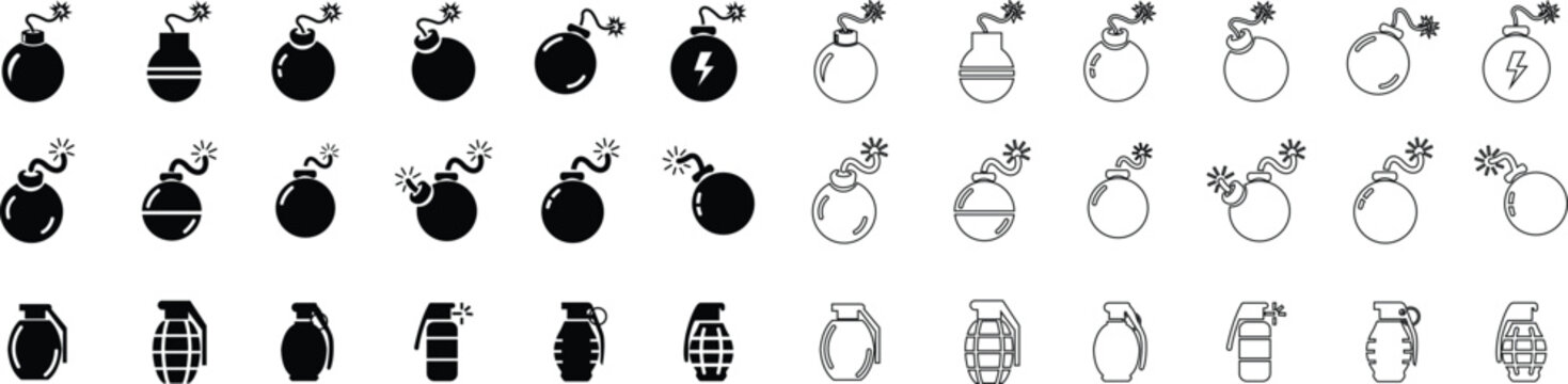 Bomb Explosive Device Icon Set Collection Group, Grenade Ordnance Munition Blast Symbols, Black Flat and Line Style Vector Pack with Editable Outline Pictograms for Safety Warning Design