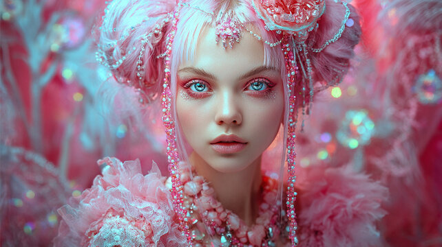 Ethereal Fantasy Princess Portrait With Pink Crystal Couture and Luminous Blue Eyes