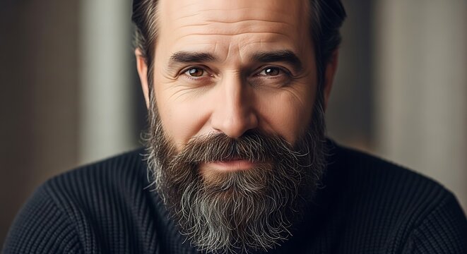 Mature man with long beard in warm lighting.