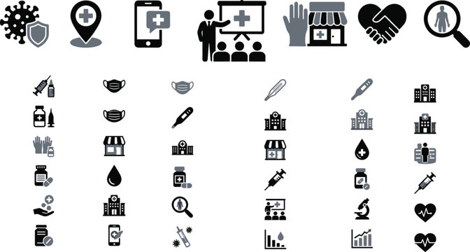 Set of Medical and Healthcare Icons for Hospital and Clinical Use.