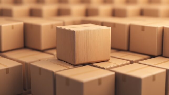 A single corrugated cardboard box stands out amid many identical boxes arranged in a grid pattern.