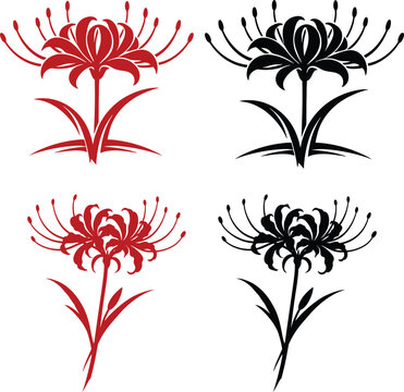 Red spider lily vector set. Lycoris radiata flower icons, traditional Japanese higanbana silhouette illustration collection isolated on a white background.
