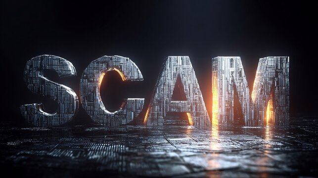 Dramatic metallic text depicting the word 'SCAM' highlighted against a dark background.