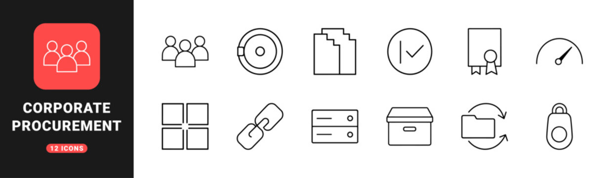 Purchase order approval line icon set. Vector pictograms of procurement, financial compliance, workflow management, and corporate expense elements, thin linear illustration.