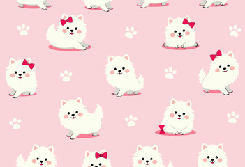 Fototapeta premium Cute cartoon dogs with bows on pink background.
