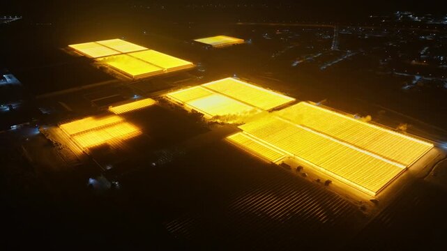 Aerial night panorama of vast illuminated greenhouse complex emitting intense amber glow across rural fields, showcasing horticulture facilities and geometric patterns in darkness