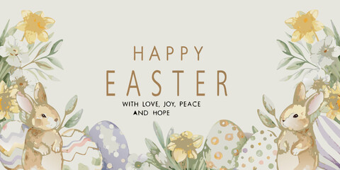 easter banner with watercolor flowers and bunnies eggs spring holiday greeting card © Bithi