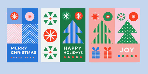 five vertical christmas greeting cards with geometric patterns holiday design illustration seasonal © Bithi