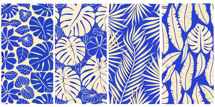 tropical leaf patterns in deep blue and cream vector pattern illustration floral