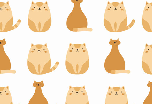 Seamless pattern of cartoon cats in rows.