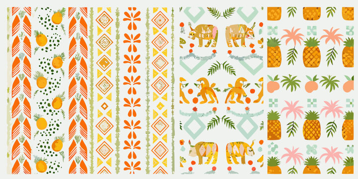 tropical and folk art patterns vector illustration pineapple elephant monkey palm tree