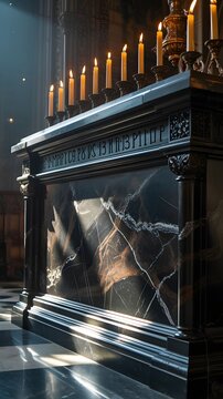 Ornate marble altar with glowing candles and detailed decoration in grand church