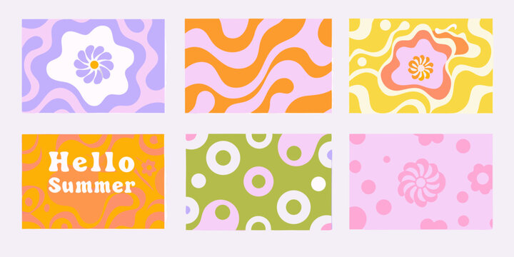 retro groovy summer greeting cards with abstract patterns flower waves dots vintage