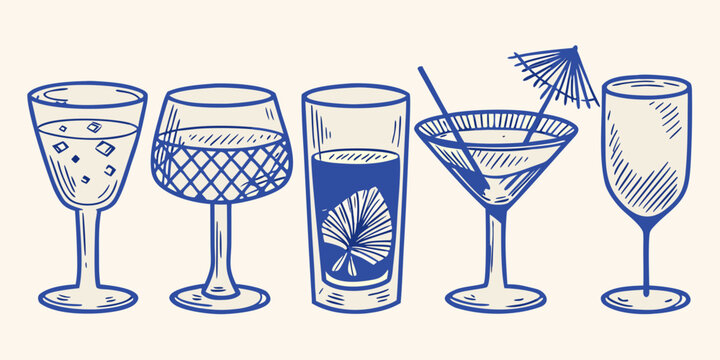 set of five hand drawn cocktail glasses in blue line art drinking