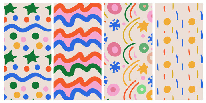 set of four colorful vector patterns with stars waves circles dots stripes