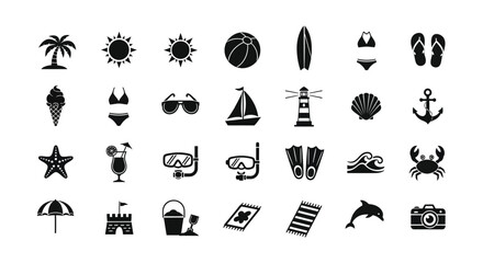 beach icons set flat black on white background © LUNEX