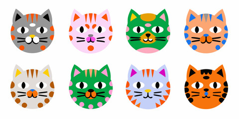 cat faces vector illustration colorful animal feline mammal pet whiskers eyes nose © Bithi