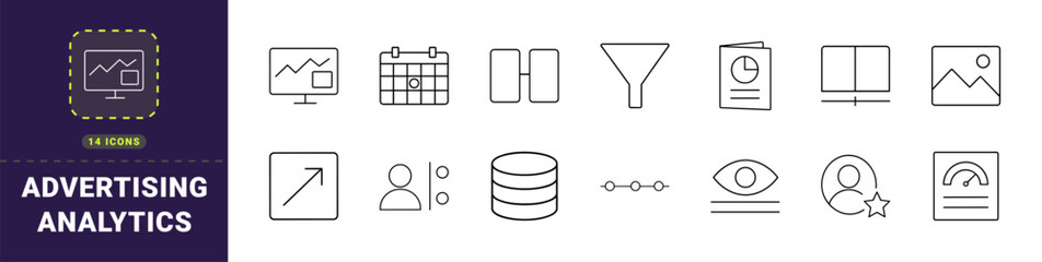 Obraz premium Advertising performance analytics line icon set. Vector pictograms of marketing campaign, conversion funnel, data optimization, and audience testing elements, thin linear illustration.