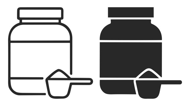 Black and white icon set of protein powder jars with scoops on a white background on transparent background