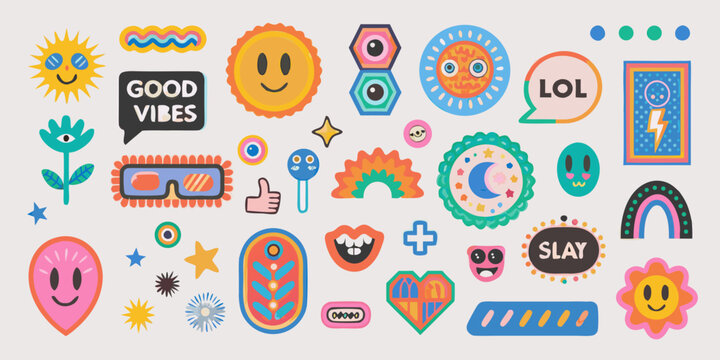90s retro pop art stickers vector colorful illustration graphic design icons symbols
