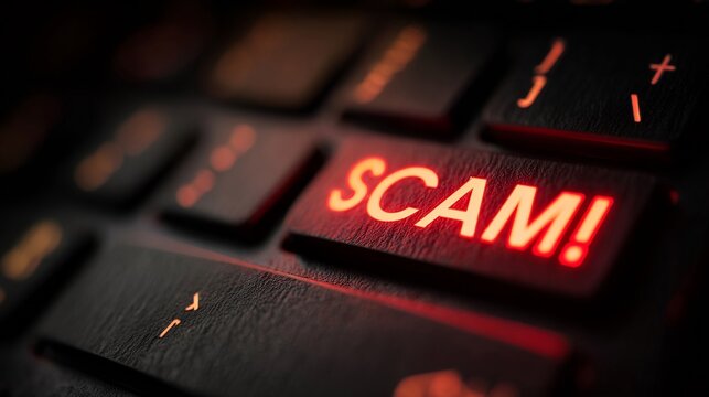 Close-up view of a computer keyboard with 'SCAM!' highlighted in red, symbolizing the dangers of online fraud.