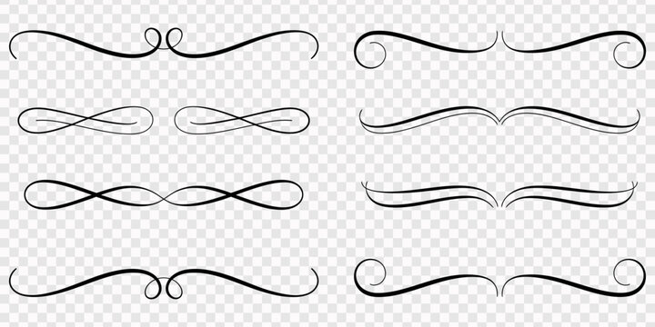Elegant ornamental text dividers and decorative borders set with vintage flourish design elements, Elegant set of black decorative flourishes and calligraphic dividers for formal document headers book