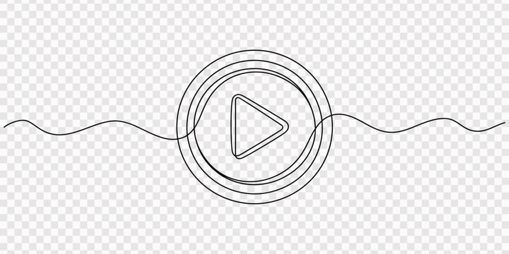 One continuous line drawing of play button. Vector illustration, One continuous line drawing of Play button. Icon of start and pause playing music video and voice message in simple linear style.
