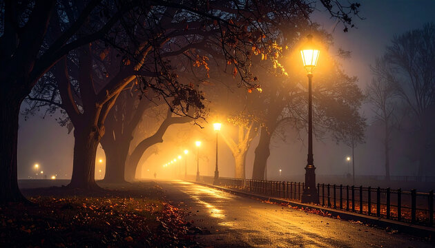 Foggy street at night with glowing streetlights