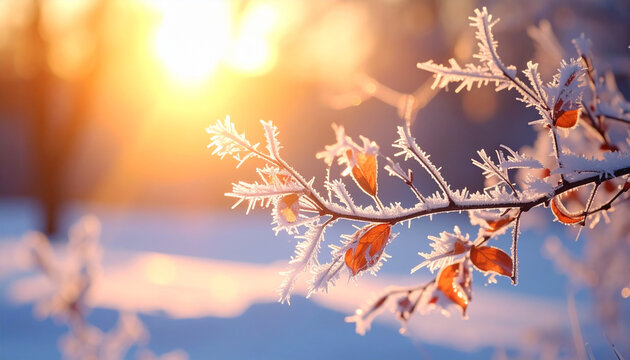 Frosty winter branch with orange leaves sunlight