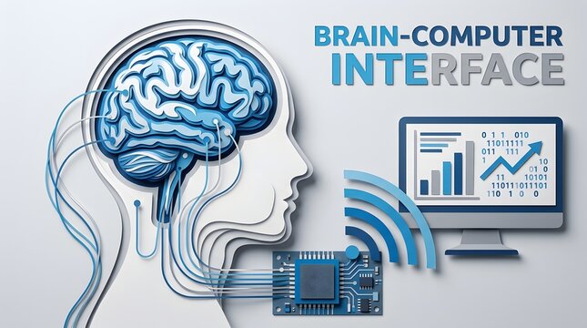 Brain-computer interface concept illustration showing a human head profile with a glowing brain connected by circuit lines to a computer and microchip, symbolizing neurotechnology and AI mind control