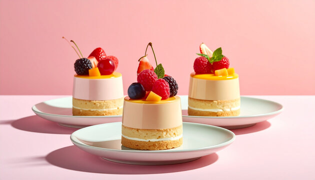 Mini desserts with fresh berries on plates