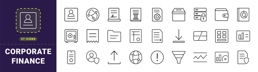 Fototapeta premium Legal spend management line icon set. Vector pictograms of business, finance, accounting, and management elements, thin linear illustration.