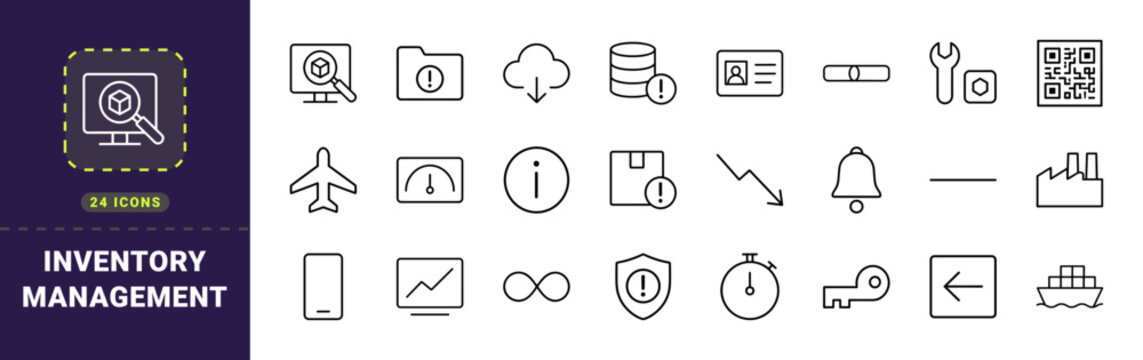 Backorder alert dashboard line icon set. Vector pictograms of ecommerce inventory, supply chain logistics, product availability, and stock notification elements, thin linear illustration.