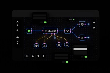 Fototapeta premium Clean flat lay orthographic vector style display of AI Agent automation workflow chart, illustrating direct data pathways on black UI screen.