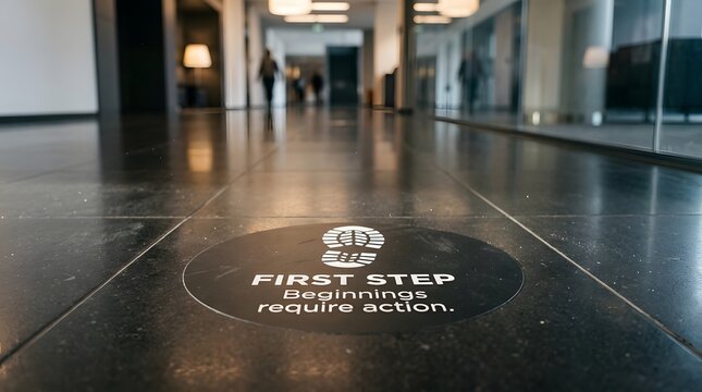 Motivational First Step sign with the quote Beginnings require action on a polished floor in a modern hallway, conceptual image symbolizing new beginnings, motivation, taking action