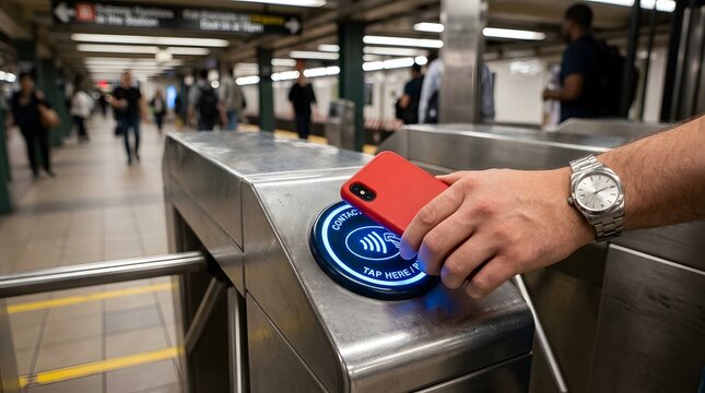 Close-up of a hand tapping a contactless card on a subway turnstile reader to pay for transit fare, modern cashless payment technology at a metro station entrance gate for public transportation