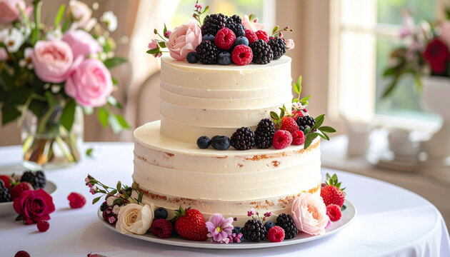 Cake decorated with berries and flowers