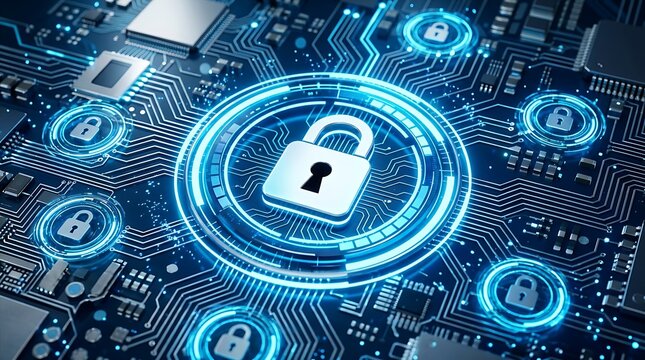 Glowing blue digital padlock on a high tech computer circuit board representing cyber security and data protection