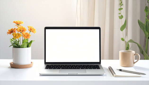 Laptop with flowers and coffee mug on desk