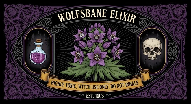 Vintage style wolfsbane elixir potion label with skull and flower illustration