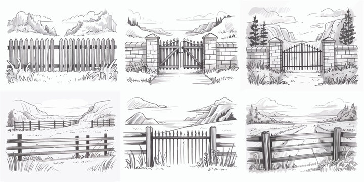 Fence, wooden fence, gate, rural landscape, 6 illustration set