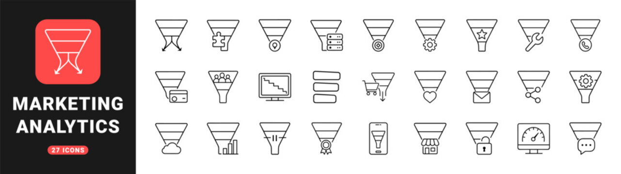 Marketing analytics line icon set. Vector pictograms of conversion optimization, user dropout, behavior analytics, and sales performance elements, thin linear illustration.