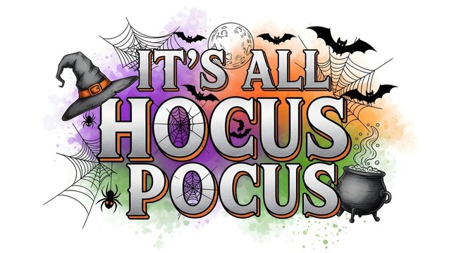 Its all hocus pocus halloween typography design with witch hat, cauldron, spider webs, and bats