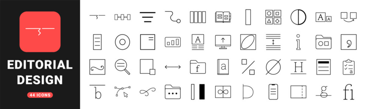 Typography style guide line icon set. Vector pictograms of font design, text layout, typesetting hierarchy, and character anatomy elements, thin linear illustration.